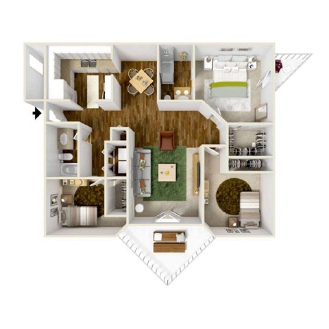 3D floorplan of 3 bedroom 2 bath at Sundial Apartments, Oregon